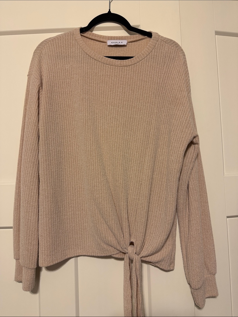 Gilli Beige Ribbed Scoopneck Tie-Front Sweater